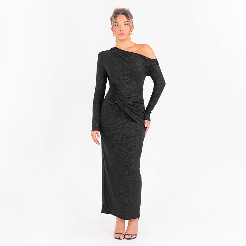 Elegant maxi dress for women with asymmetrical top and draping Lune London
