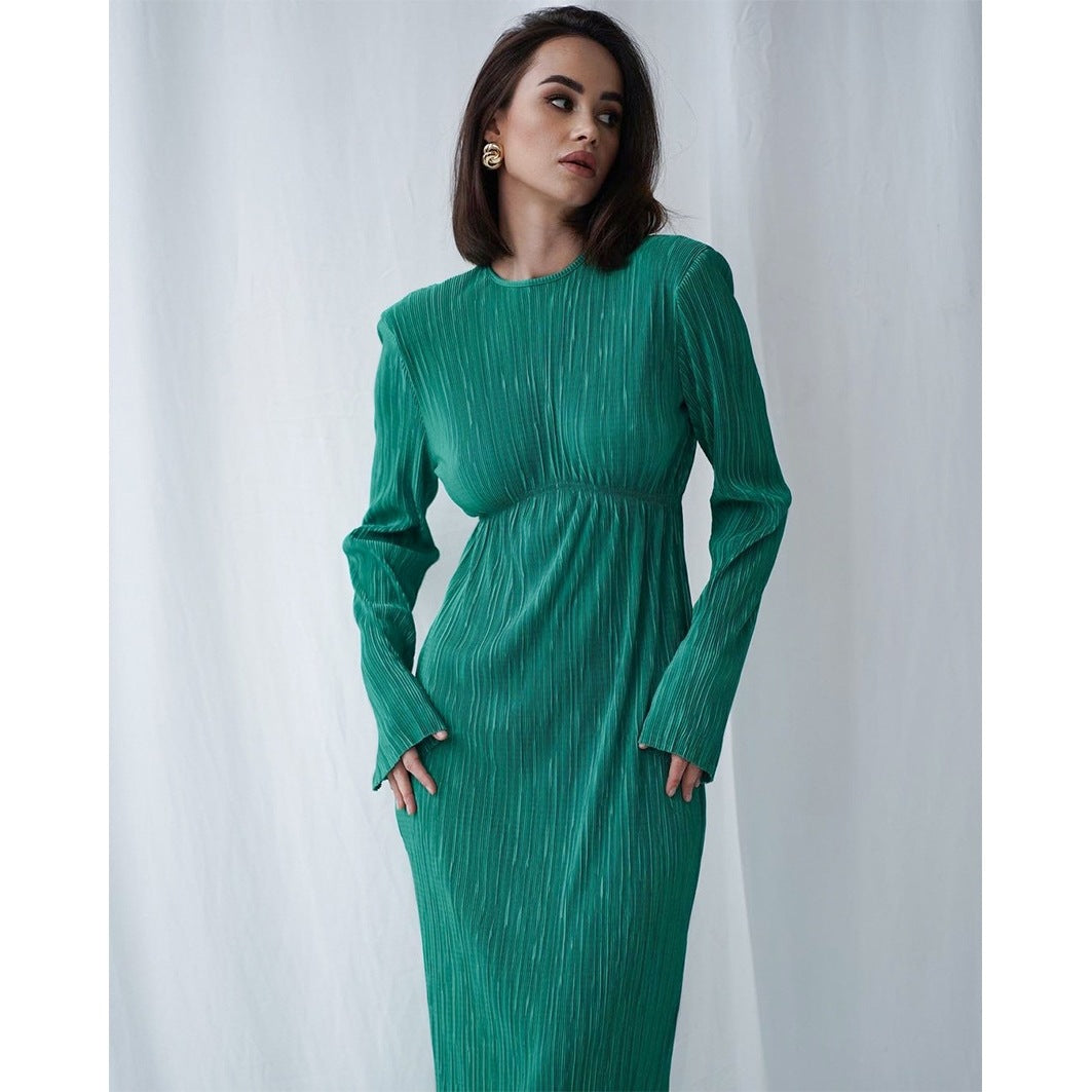 Women Elegant Maxi Dress with Structured Pleats and Long Sleeves Lune London