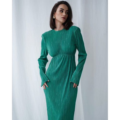 Women Elegant Maxi Dress with Structured Pleats and Long Sleeves Lune London