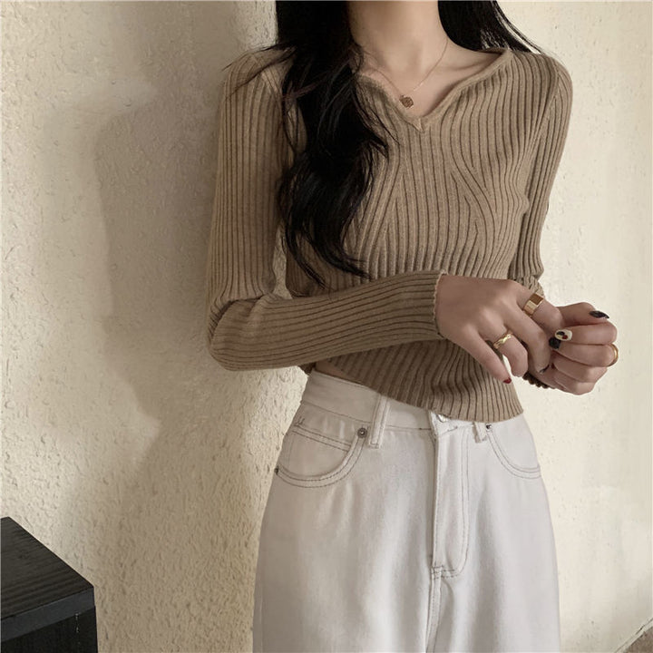 Pull en maille fine pour femmes en V avec structure côtelée Chic & Stil