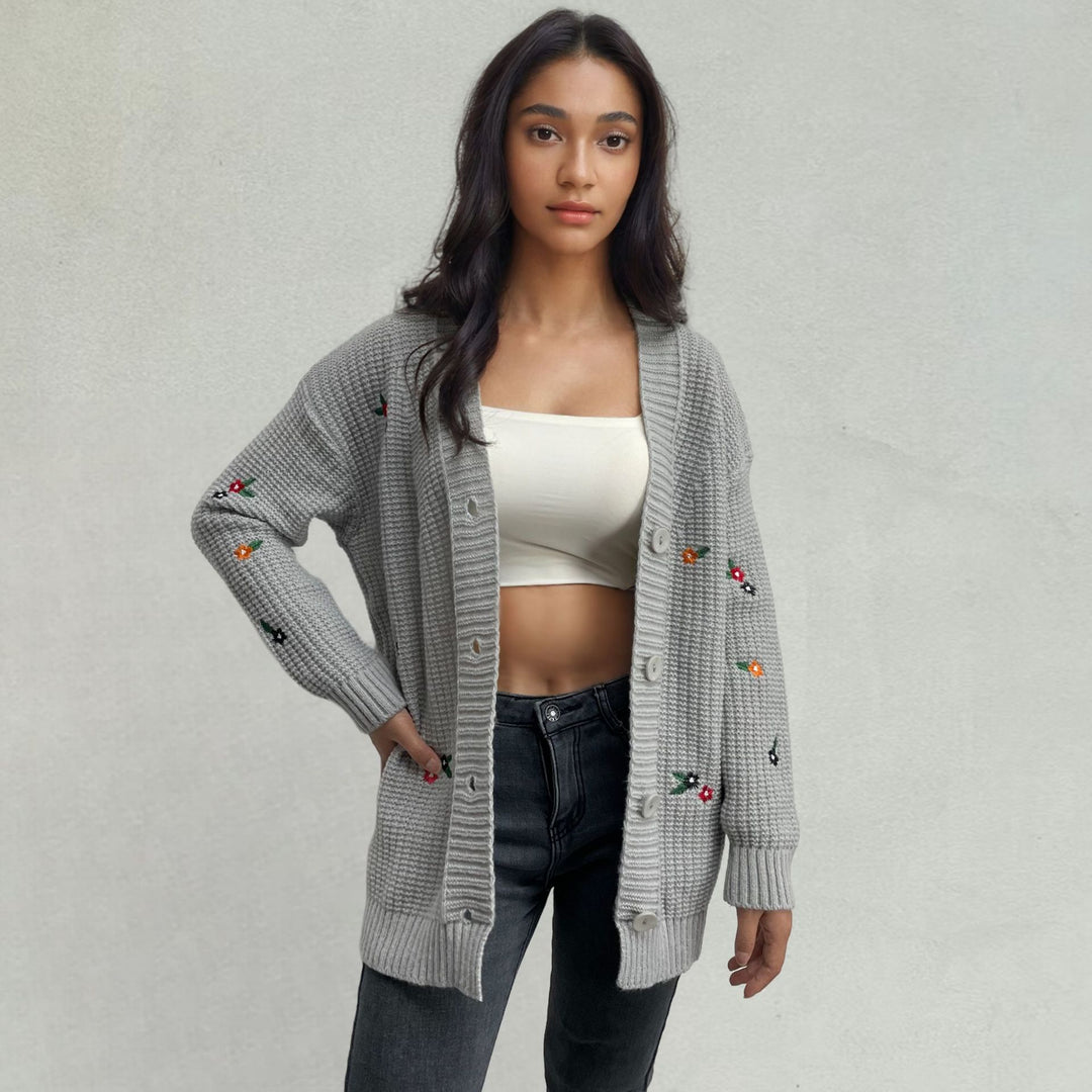 Knit jacket for women with embroidered floral design Lune London