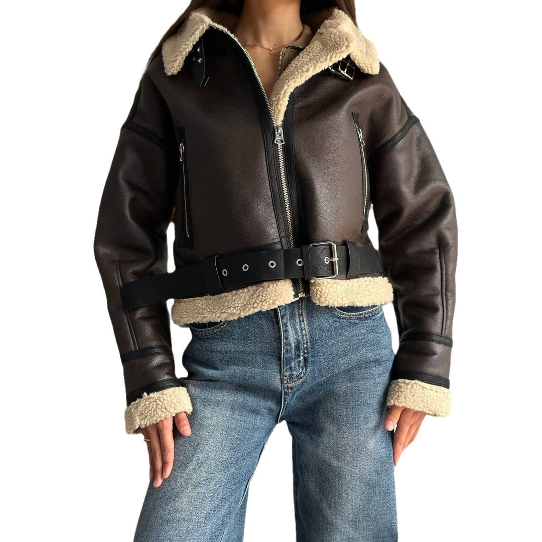 Faux leather jacket for women with high-quality fleece lining and sculpting belt Lune London