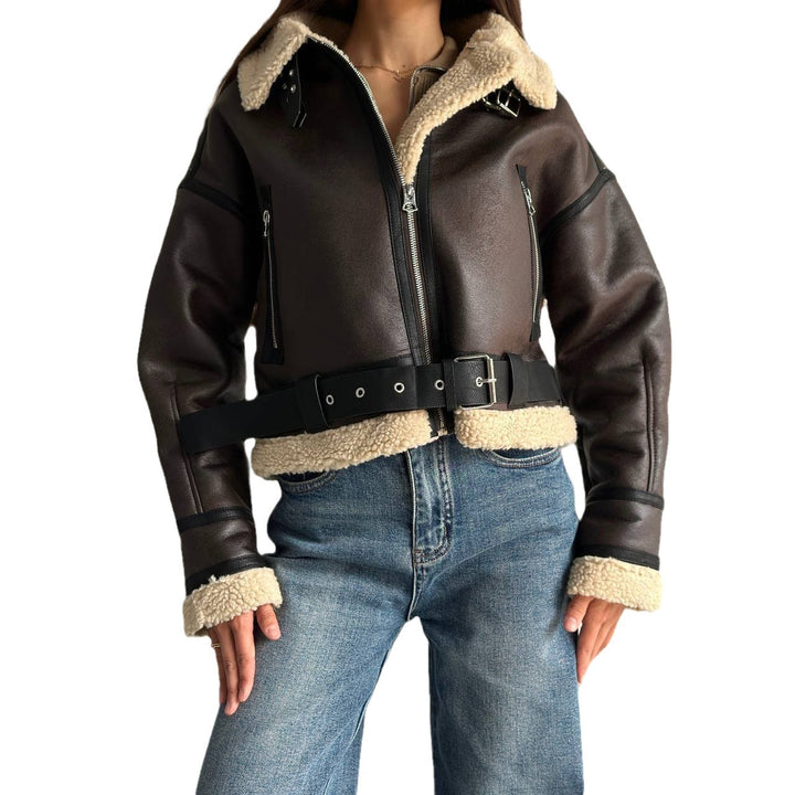 Faux leather jacket for women with high-quality fleece lining and sculpting belt Lune London