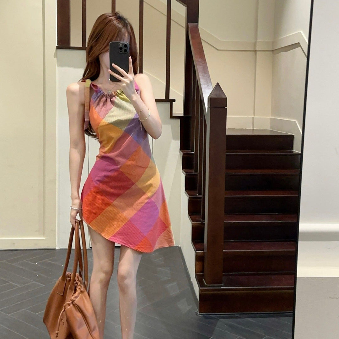 Women's short-sleeve dress with fashionable check pattern and elastic neckline Lune London