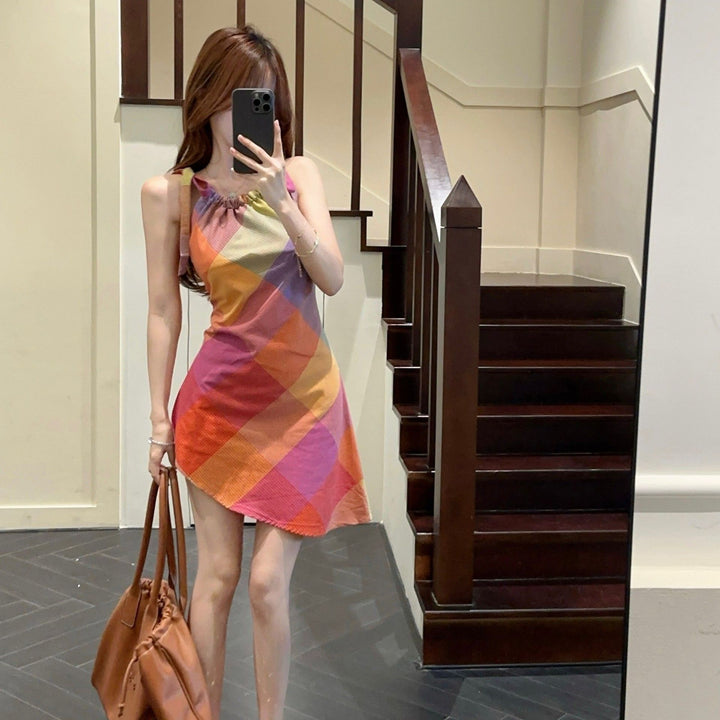 Women's short-sleeve dress with fashionable check pattern and elastic neckline Lune London