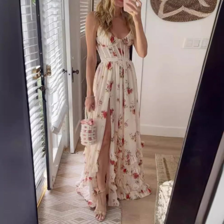 Women's maxi dress with floral lace top and high slit Lune London