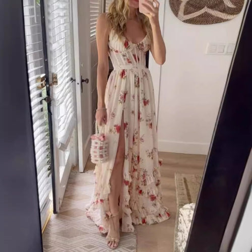 Women's maxi dress with floral lace top and high slit Lune London