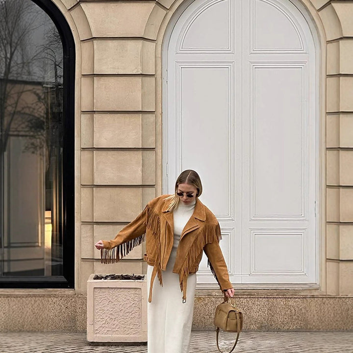 Suede jacket for women with fringe details and an adjustable belt Lune London