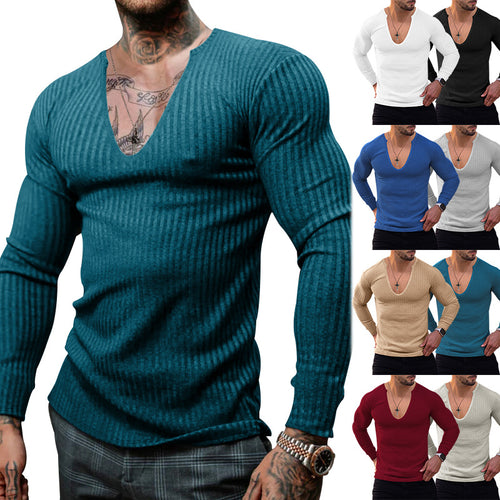 Men's V-neck long sleeve T-shirt with textured ribbed pattern Lune London
