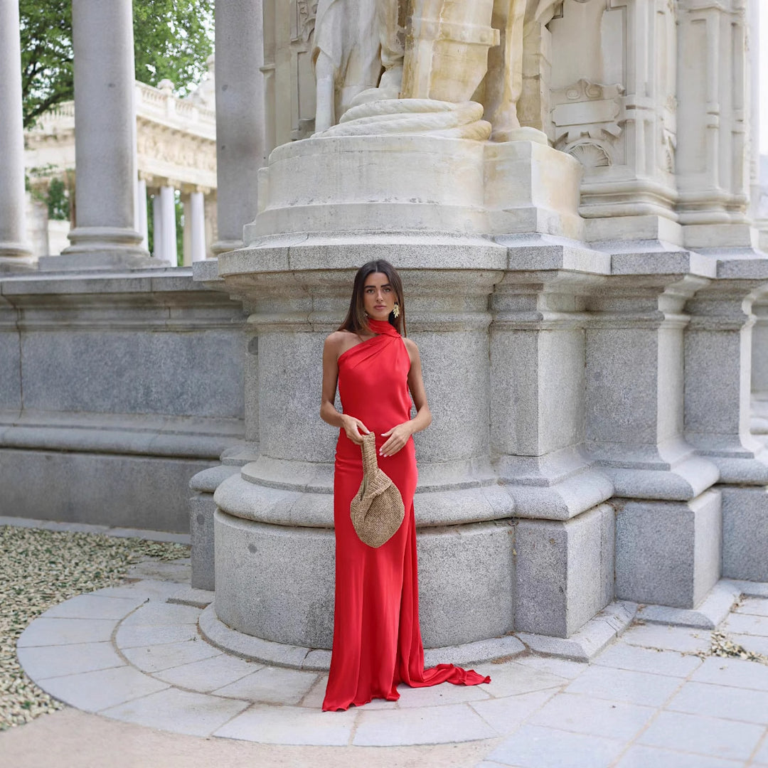 Ladies Elegant Maxi Dress with Asymmetric Cut and Chic Gathering Lune London