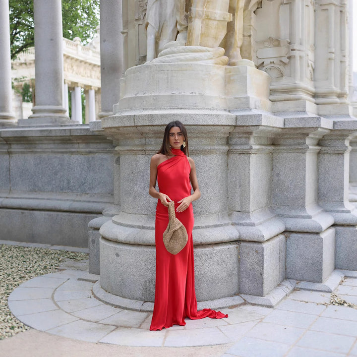 Ladies Elegant Maxi Dress with Asymmetric Cut and Chic Gathering Lune London