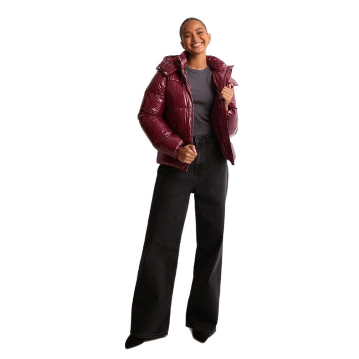 Ladies Shiny Quilted Jacket with Removable Hood Lune London