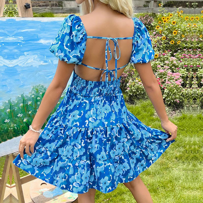 Floral printed mini dress with puff sleeves for women Lune London