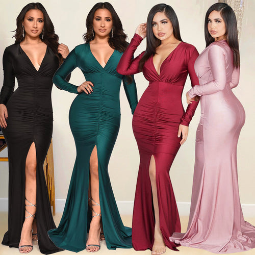Chic and stylish evening dress for ladies with high slit and ruffles