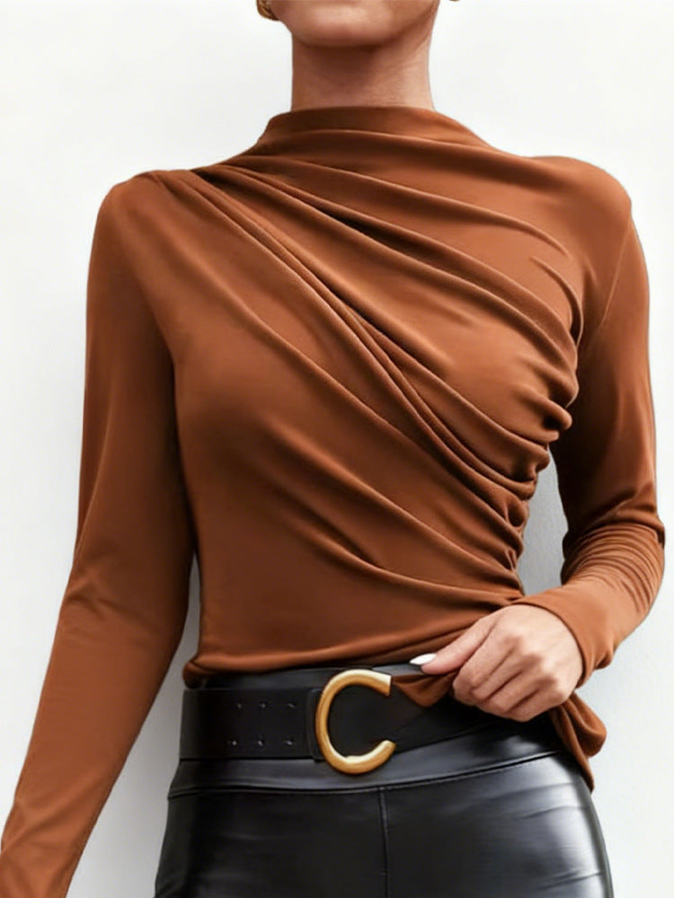 Ladies elegant long sleeve shirt with luxurious draping design and chic stand-up collar Lune London