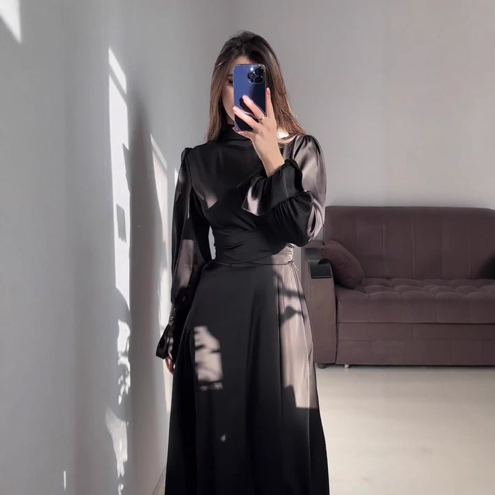Women Elegant Maxi Dress with Voluminous Puff Sleeves and High-Quality Satin Surface Lune London