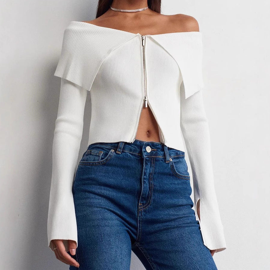 Women's cropped top with wide neckline and zipper Lune London