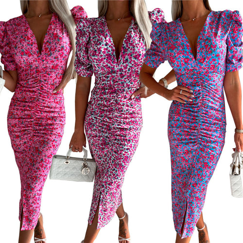 Flirty floral midi dress for women with puff sleeves Lune London