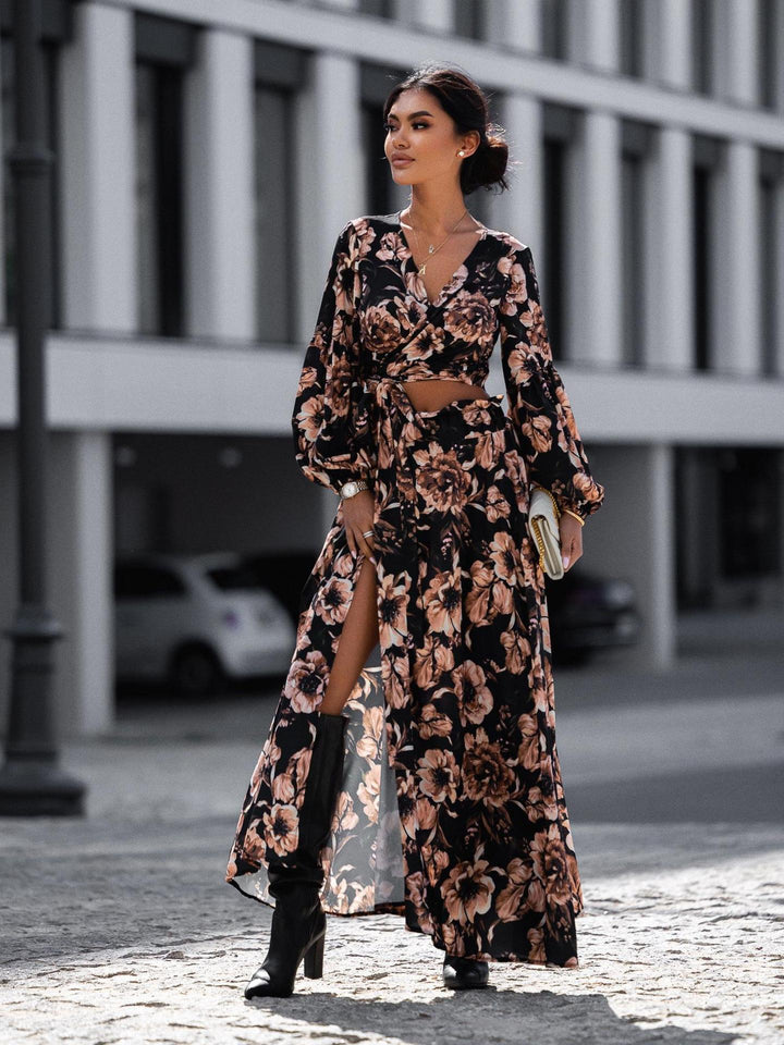 Maxi wrap dress for women with fixed waist belt and refined ruffled sleeves Lune London