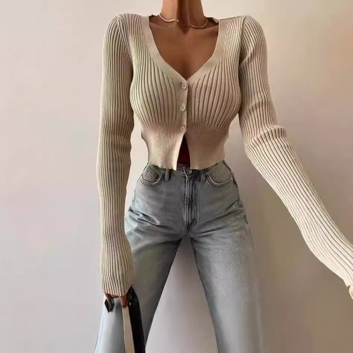 Knit cardigan for women with deep V-neck and button closure Lune London
