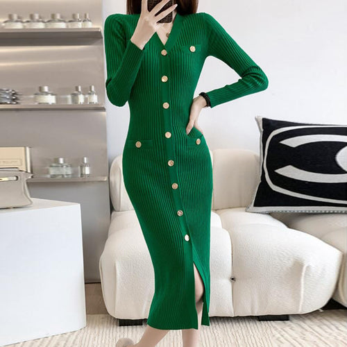 Knit dress for women with button placket and deep slit Lune London