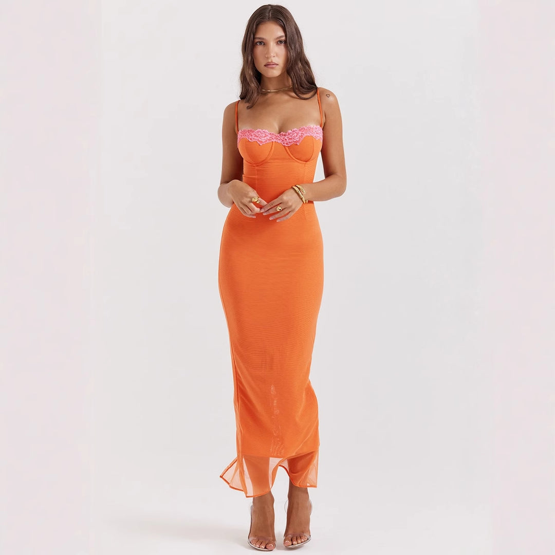Elegant Women's Maxi Dress with Heart Neckline and Chic & Stylish Sheer Inserts