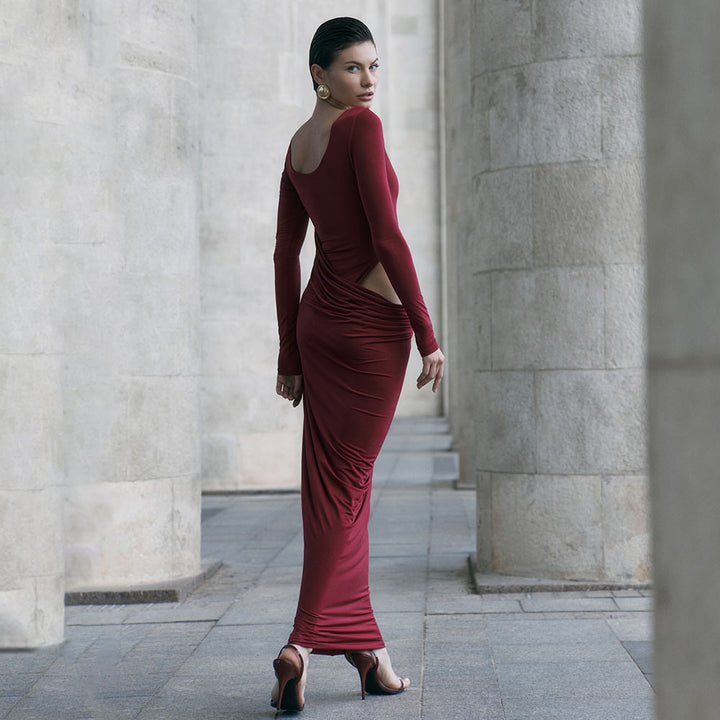 Maxi fitted dress for women with an innovative draping element Lune London