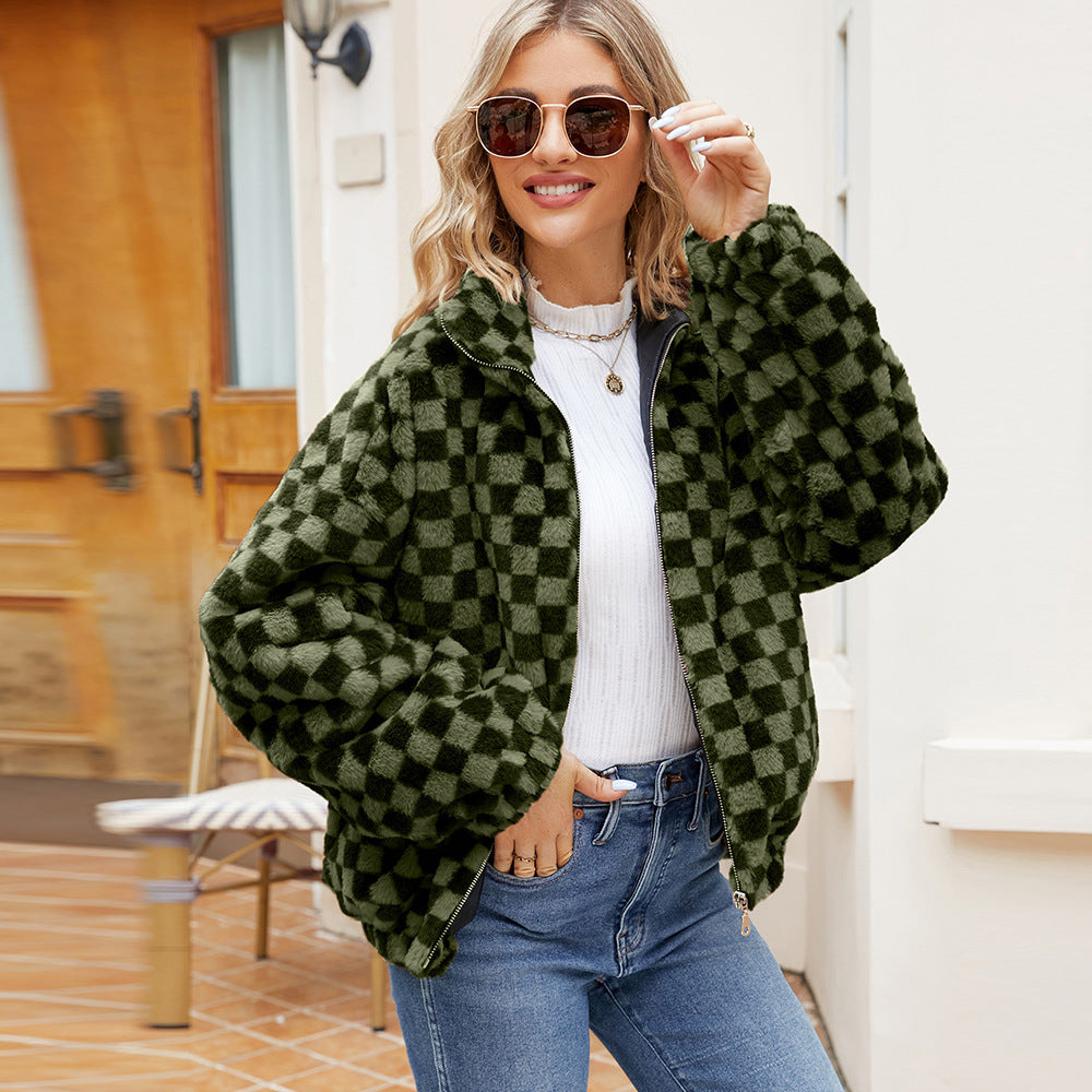 Fleece jacket for women with a modern checked pattern and high collar Lune London