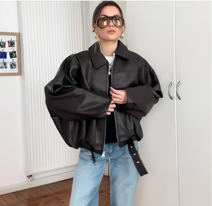 Oversized synthetic leather jacket for women with casual fit Lune London