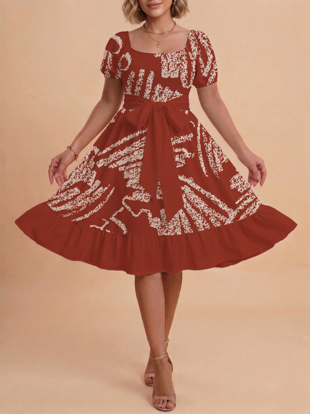 Women A-line dress with floral motifs and adjustable belt Lune London