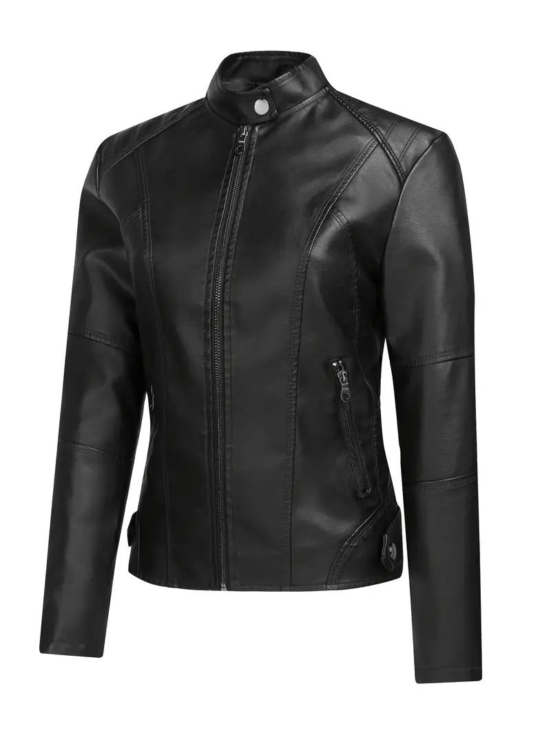Biker leather jacket for women with asymmetric zipper and modern stand collar Lune London