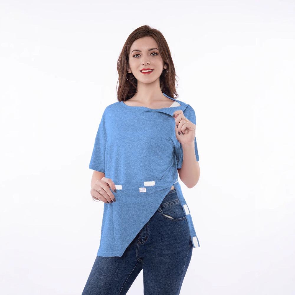 Trendy short sleeve t-shirt for women with innovative cut and playful details Lune London