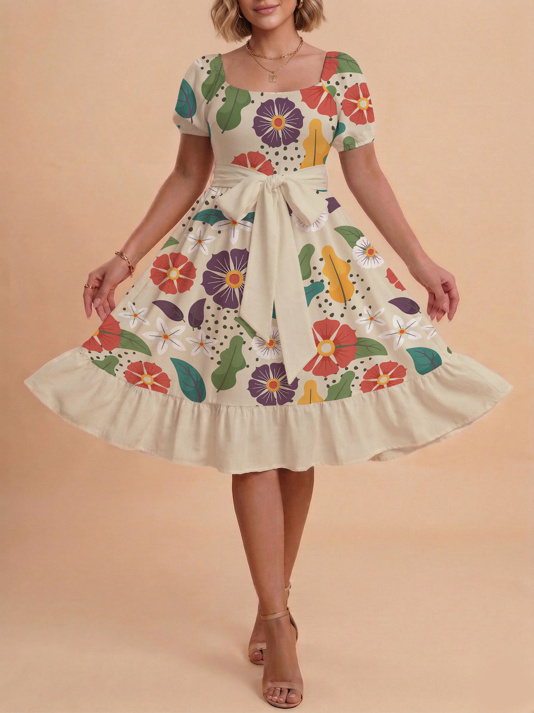 Women's Midi Dress with Elegant Floral Print and Fitted Belt Lune London