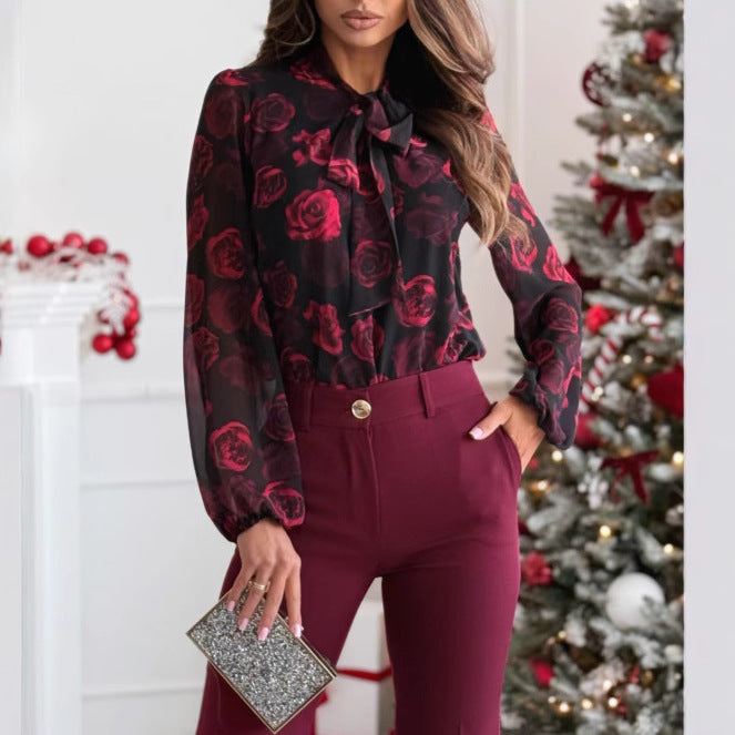 Transparent blouse for women with floral design and elegant knot collar Lune London