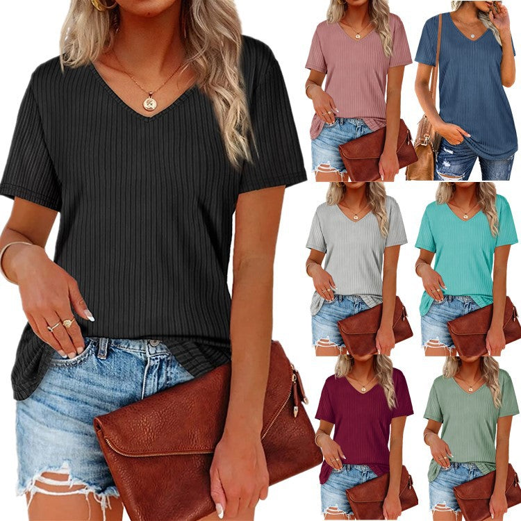 Viscose T-shirt for women with a fine ribbed knit pattern and a casual V-neck Lune London