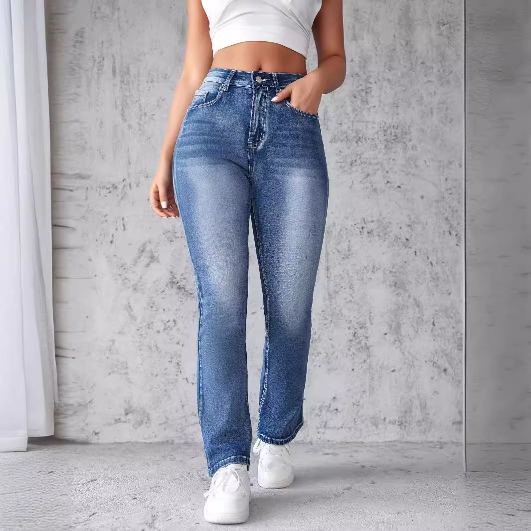 Women High-Waist Stretch Jeans with Cut Hem Lune London