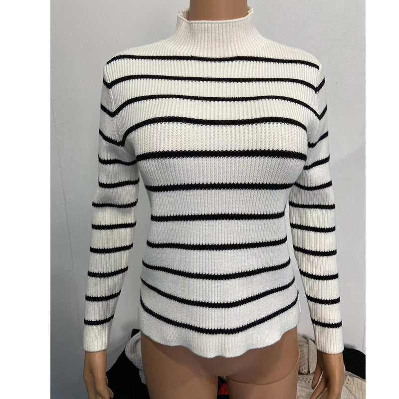 Women's ribbed knit sweater with high collar and embroidered striped pattern Lune London
