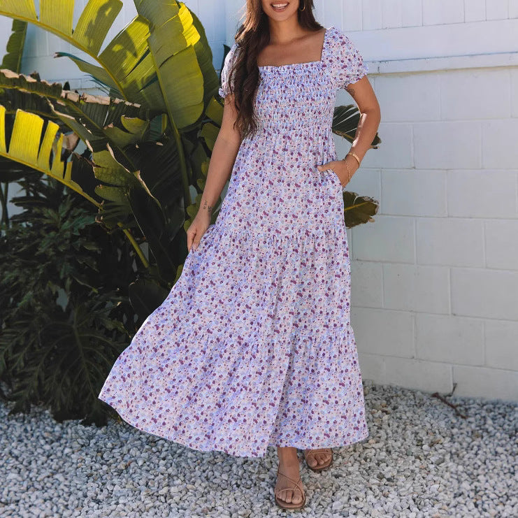 Maxi dress for women with nostalgic floral pattern and elastic top Lune London
