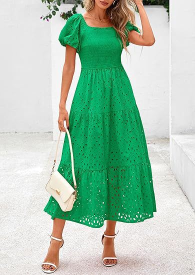 Maxi dress for women with decorative cut-out pattern and puff sleeves Lune London