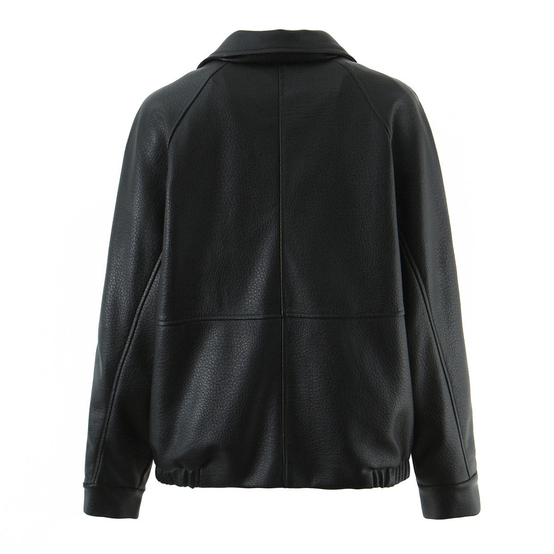 Elegant synthetic leather jacket for women with double-breasted buttons and wide lapels Lune London