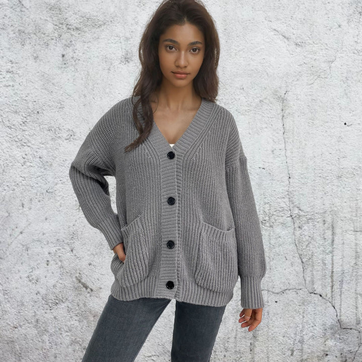 Ladies chunky knit cardigan with pockets and button details Lune London