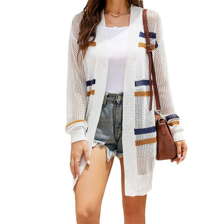 Women Long Crochet Cardigan with Modern Chic Stripe Details