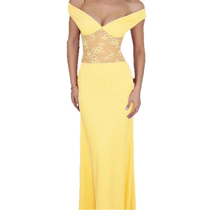 Elegant Off-Shoulder Maxi Dress with Sheer Lace Top and Fitted Elastic Hem Lune London