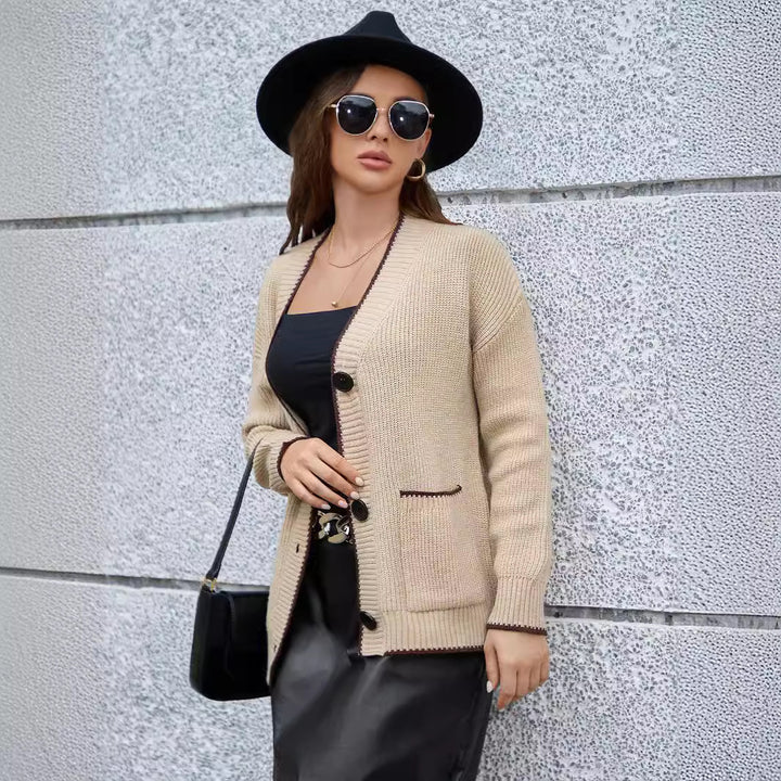 Ladies thick knit cardigan with deep V-neck and practical pockets Lune London