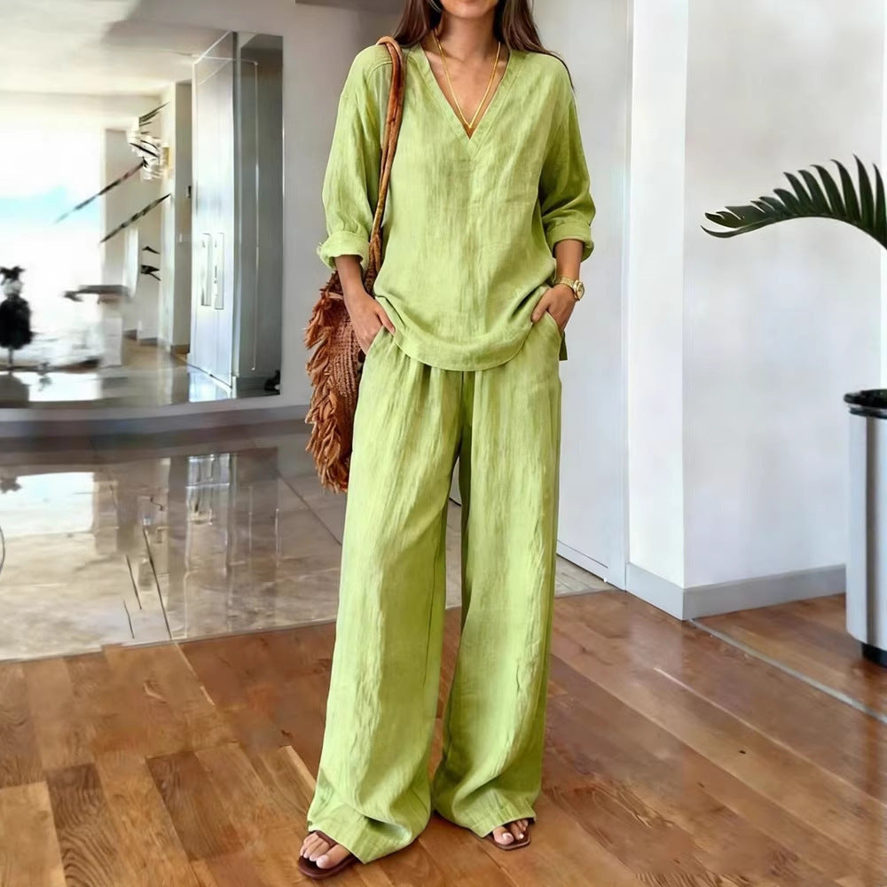 Women's Casual Linen Top and Wide Palazzo Pants Set Chic & Stil