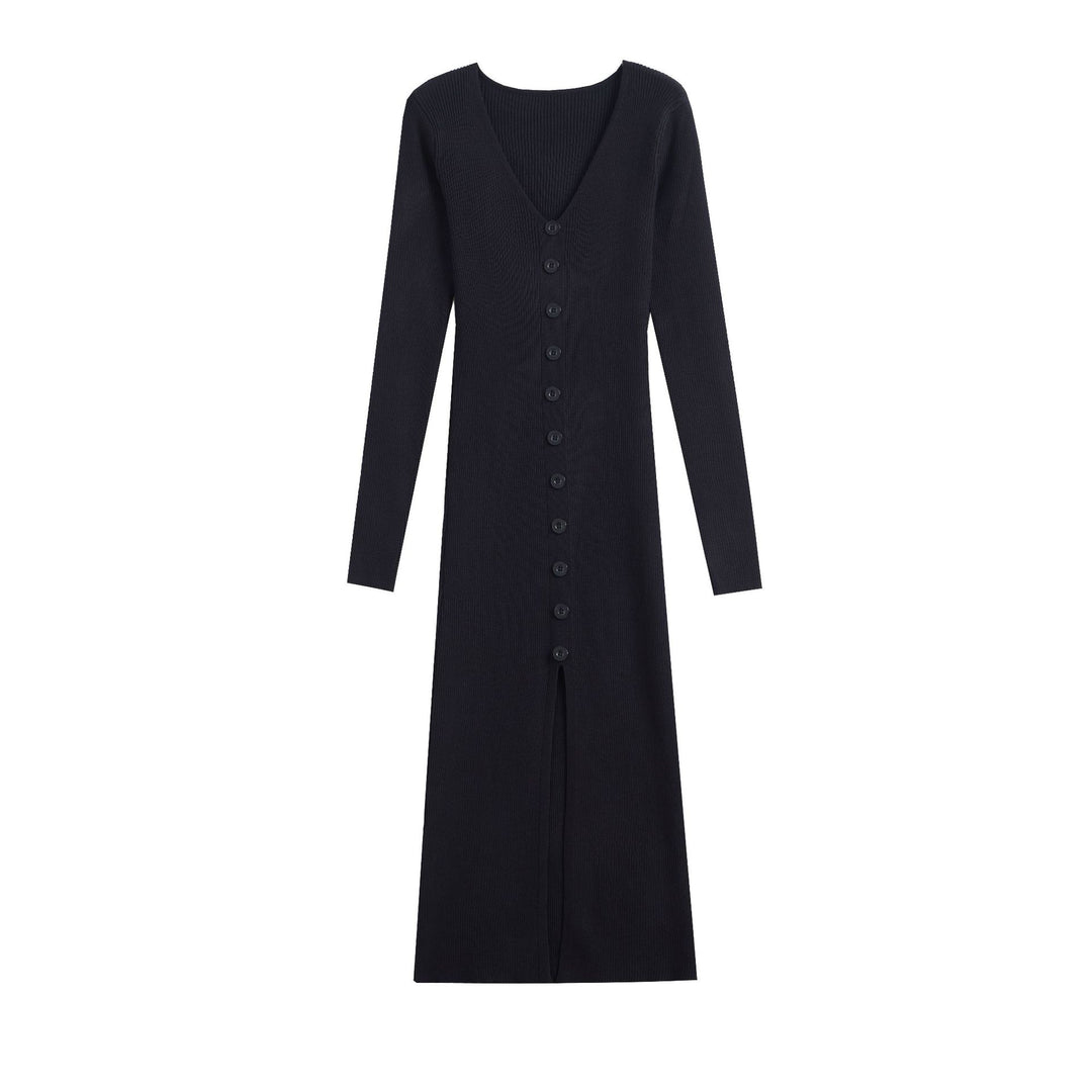 Knit dress for women with deep V-neck and continuous button placket Lune London