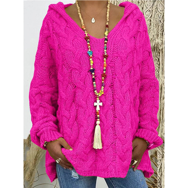 Ladies hoodie in chunky knit with V-neck and decorative cord Lune London