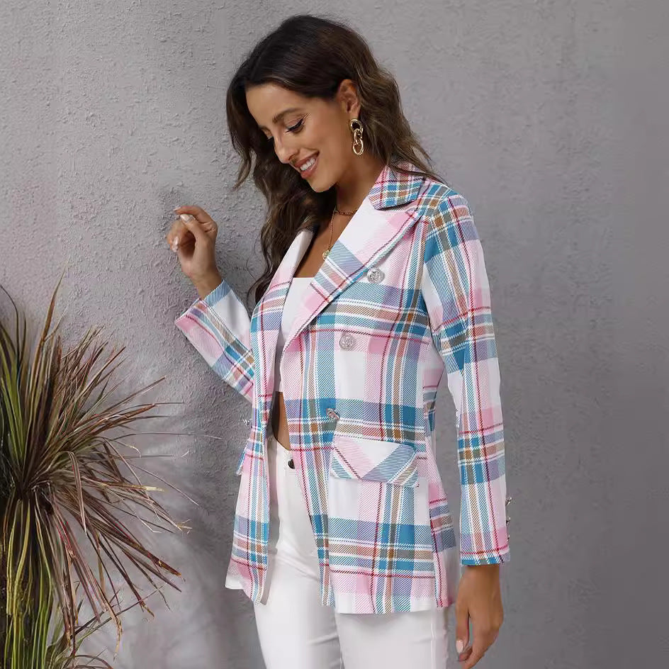 Plaid women's blazer with double button closure Lune London