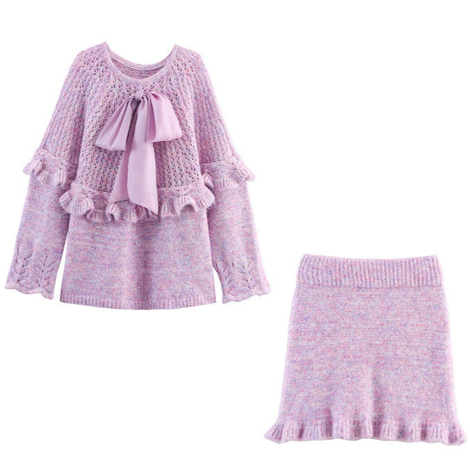 Elegant ladies knitted outfit with ruffles and bow accents Lune London
