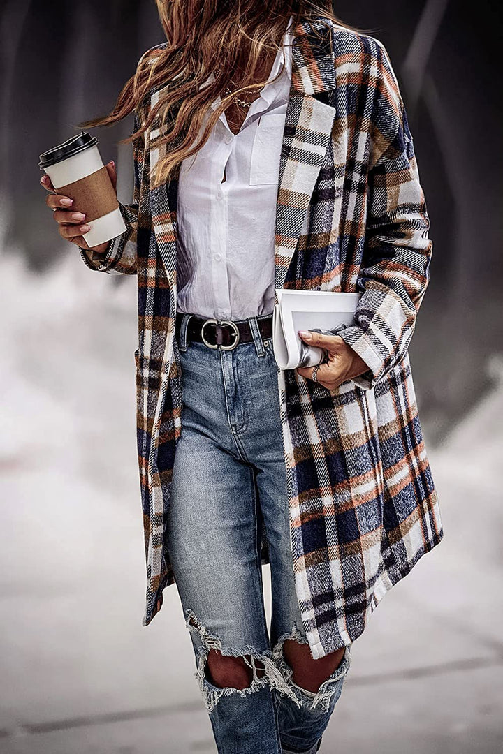 Ladies Trendy Checkered Coat with Deep Collar and Practical Pockets Lune London